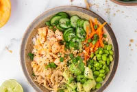 Spicy Shrimp Poke Bowl Recipe with Fresh Mango & Avocado