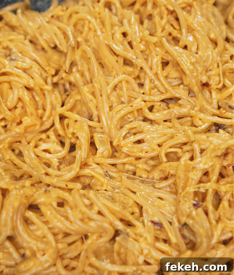Spaghetti fully mixed into the rich, creamy chili oil sauce, coating each noodle evenly.