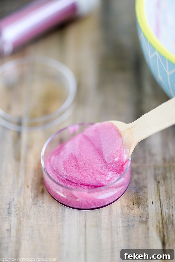 DIY Shimmer Lip Gloss made with only two ingredients! Kids can create this easy shimmer lip gloss with only 2 ingredients…perfect for spa parties and party favors!