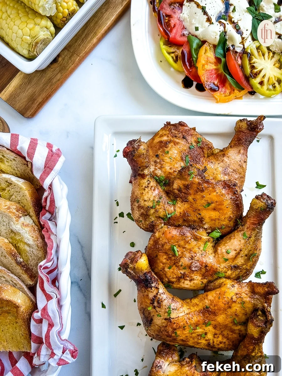 Fresh Chicken Recipes for Summer Grilling and Light Meals 11 Platter of cooked chicken quarters on a white plate sprinkled with parsley flakes.