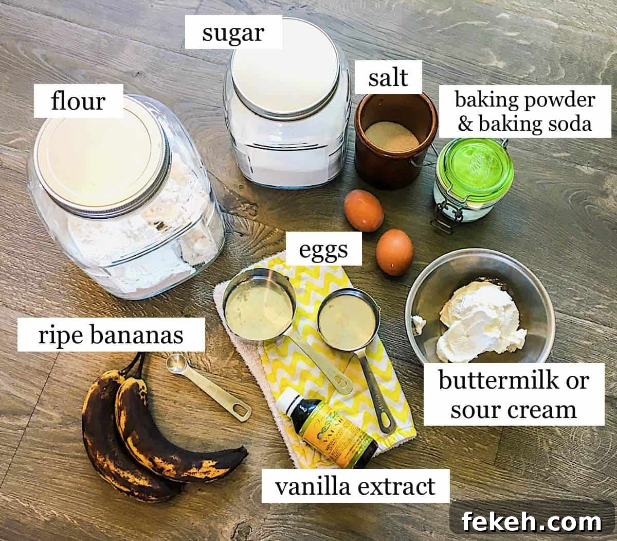Banana Bread Made in a Bread Machine: Simple Step-by-Step Recipe 3 The ingredients in bread machine banana bread, laid out and labeled.