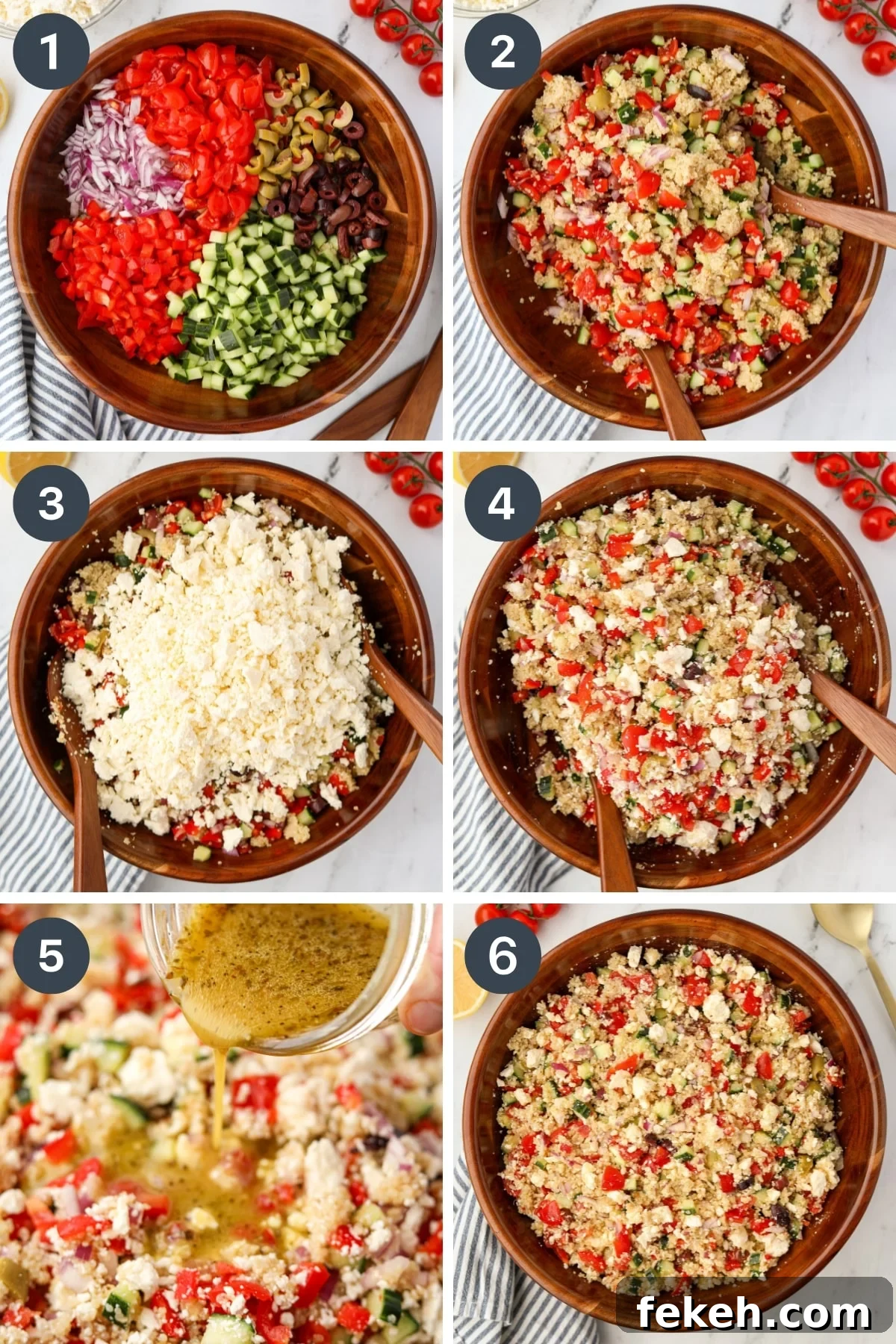 Tossing together vegetables, quinoa, and feta cheese in a large salad bowl.