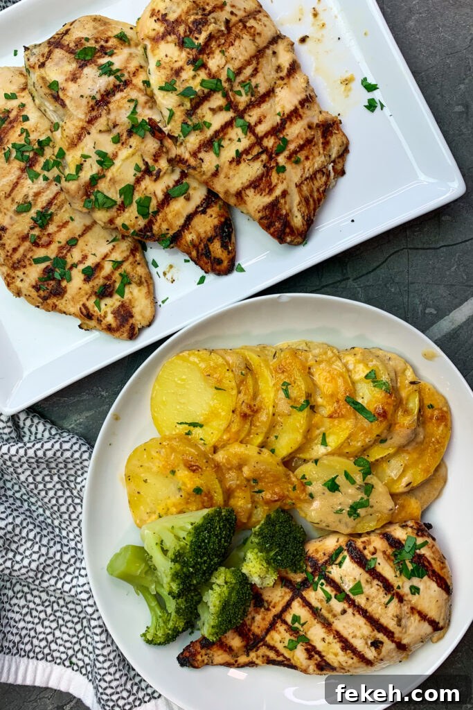 Honey Mustard Grilled Chicken Recipe for Juicy, Tangy Flavor 5 Completed recipe image of garlic dijon grilled chicken on a white plate served with a side of scalloped potatoes.