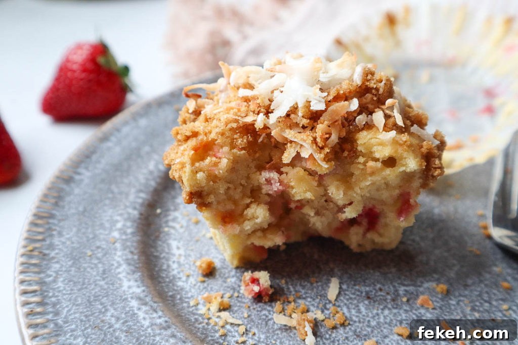Strawberry Coconut Muffins with Crunchy Streusel Topping 3 Close up of muffins