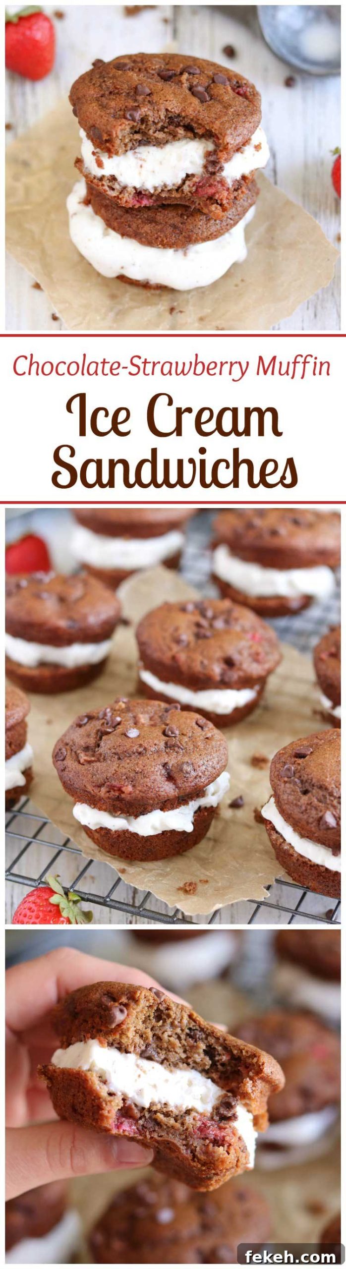 Muffin Ice Cream Sandwiches Take delicious, healthy breakfast muffins … add ice cream … and you’ve got a decadent dessert! Muffin ice cream sandwiches! Bursting with fresh strawberries and double chocolate! One batch of muffins = two great recipes!