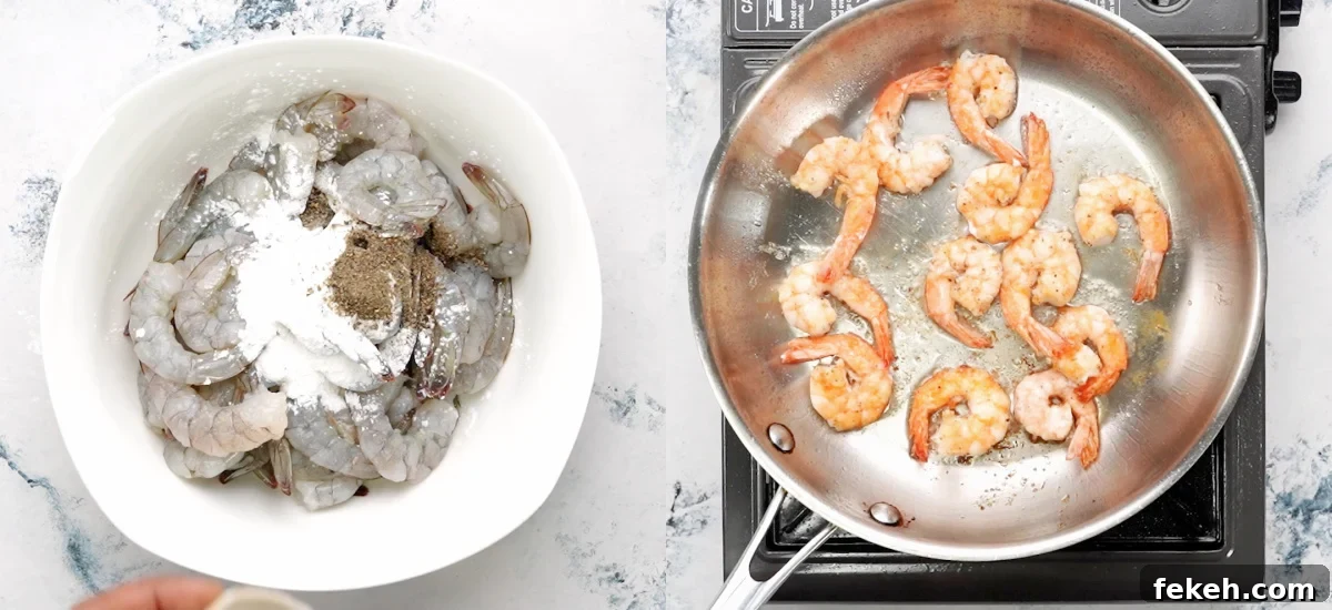 Creamy Garlic Shrimp Pasta Recipe — Quick Garlic Butter Shrimp 4 coat shrimp with flour, salt n pepper. sear shrimp.