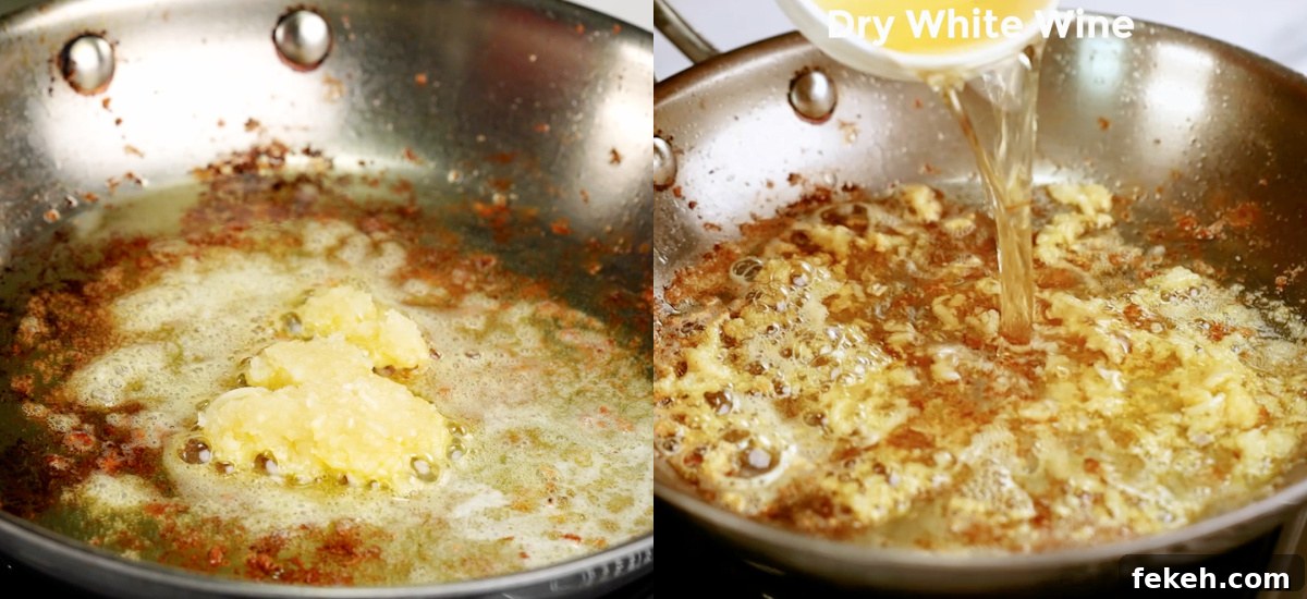Creamy Garlic Shrimp Pasta Recipe — Quick Garlic Butter Shrimp 5 Saute garlic and deglaze with wine.