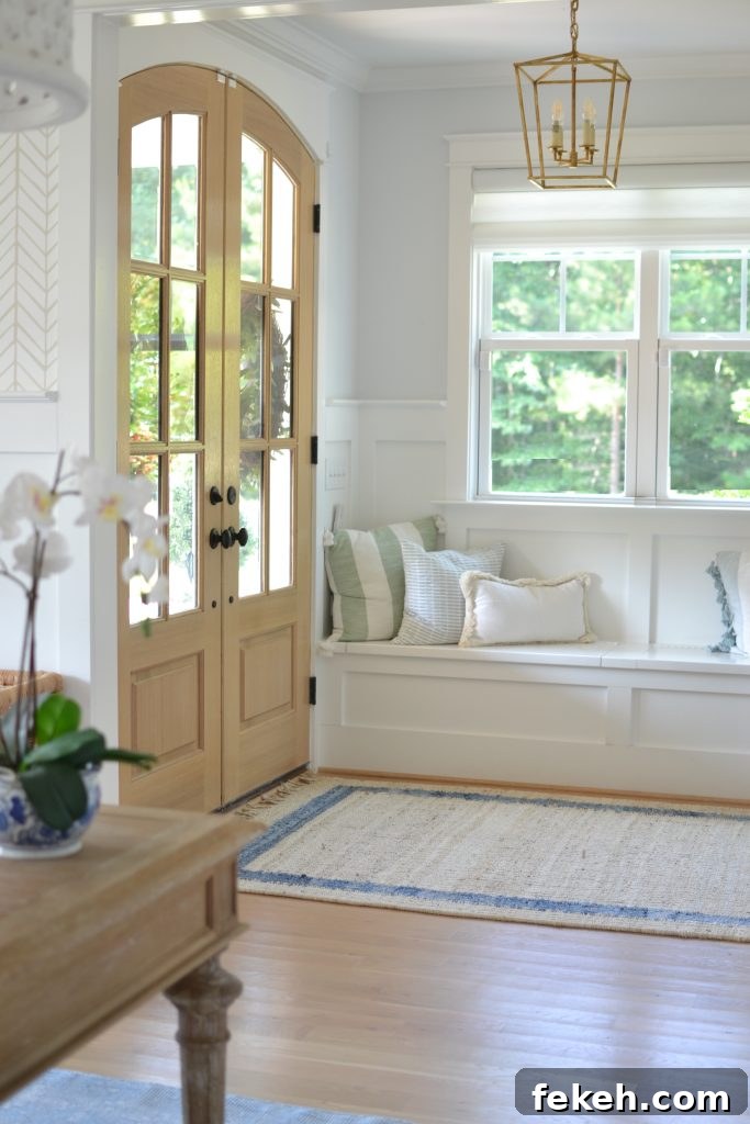 Home Office Wallpaper Reveal: Stylish Design Ideas and Tips 11 Serena and lily jute stripe rug in a foyer