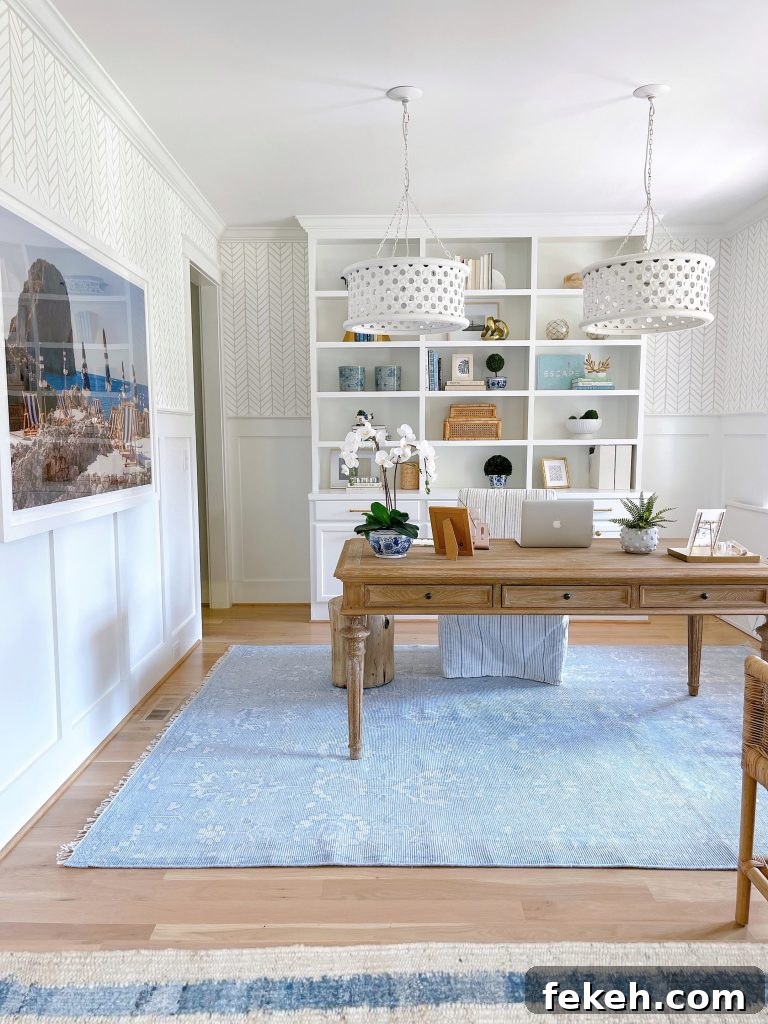Home Office Wallpaper Reveal: Stylish Design Ideas and Tips 3 home office wallpaper with a desk and 2 big lights