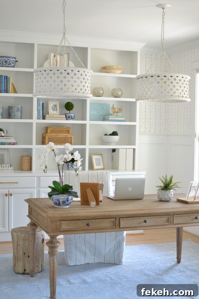 Home Office Wallpaper Reveal: Stylish Design Ideas and Tips 4 wallpaper in a home office, large pendant lights
