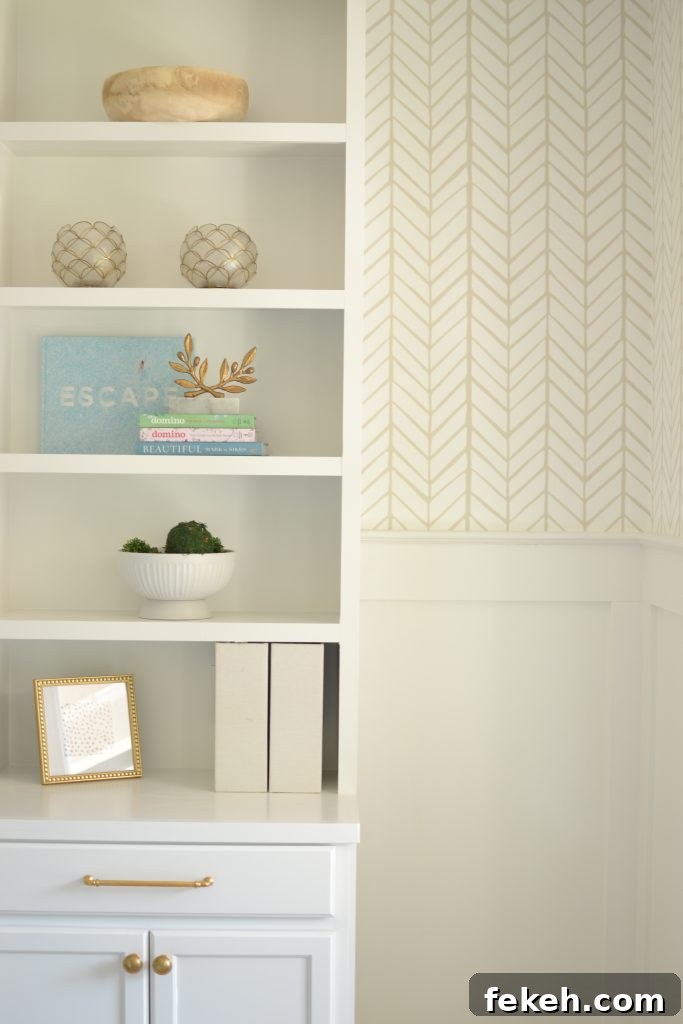 Home Office Wallpaper Reveal: Stylish Design Ideas and Tips 5 a close up of Serena and Lilys feather wallpaper in a home office
