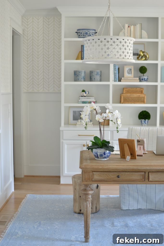 Home Office Wallpaper Reveal: Stylish Design Ideas and Tips 7 home office with wallpaper and a blue rug