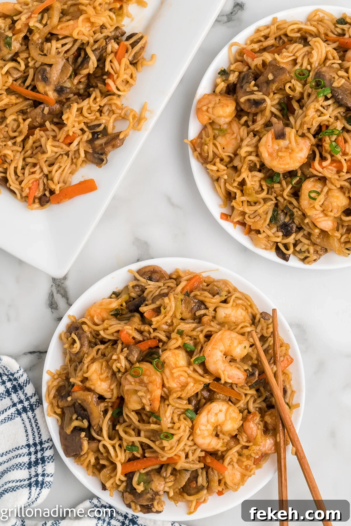 Blackstone Shrimp Yakisoba Recipe — Quick Griddle Noodle Stir-Fry 2 Shrimp Yakisoba on a plate with chopsticks
