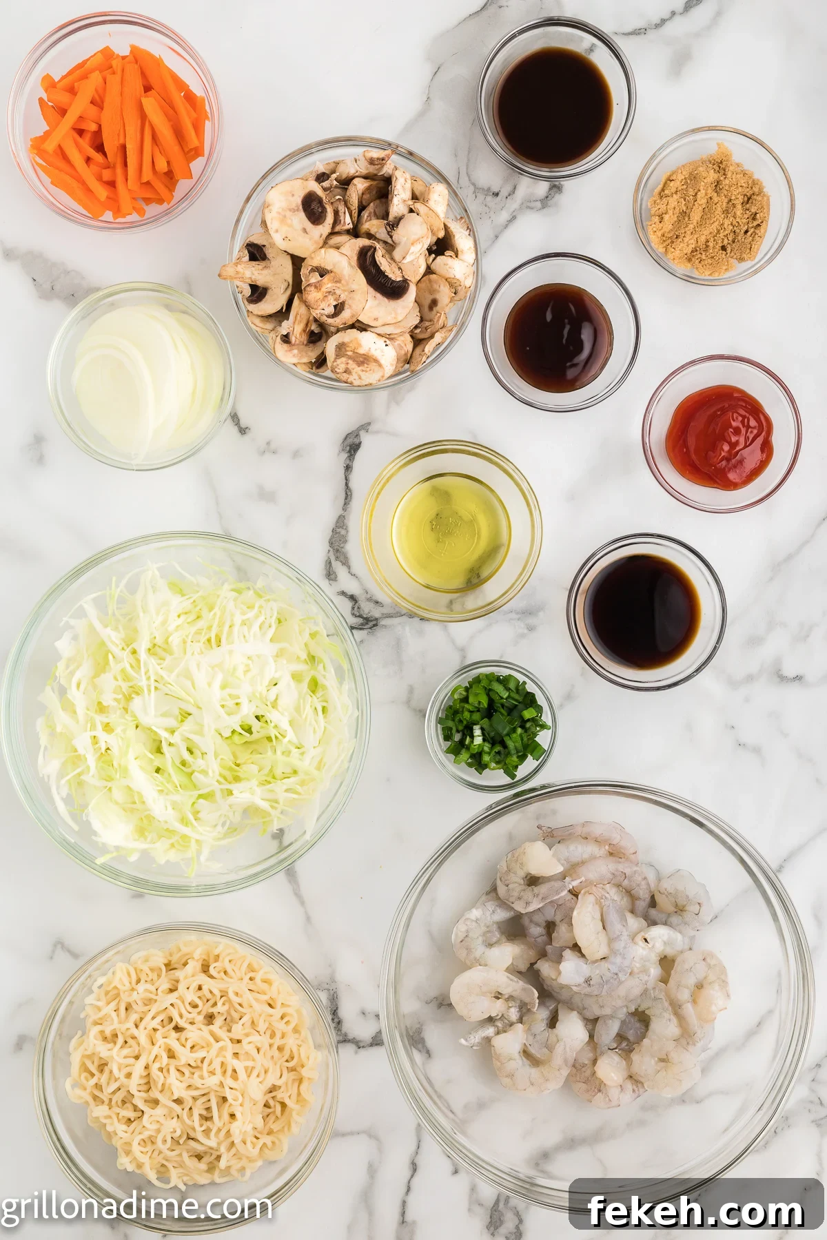 Blackstone Shrimp Yakisoba Recipe — Quick Griddle Noodle Stir-Fry 3 Ingredients needed - worcestershire sauce, oyster sauce, ketchup, soy sauce, brown sugar, avocado oil, shrimp, yakisoba noodles, onion, carrot, cabbage, onions, mushrooms
