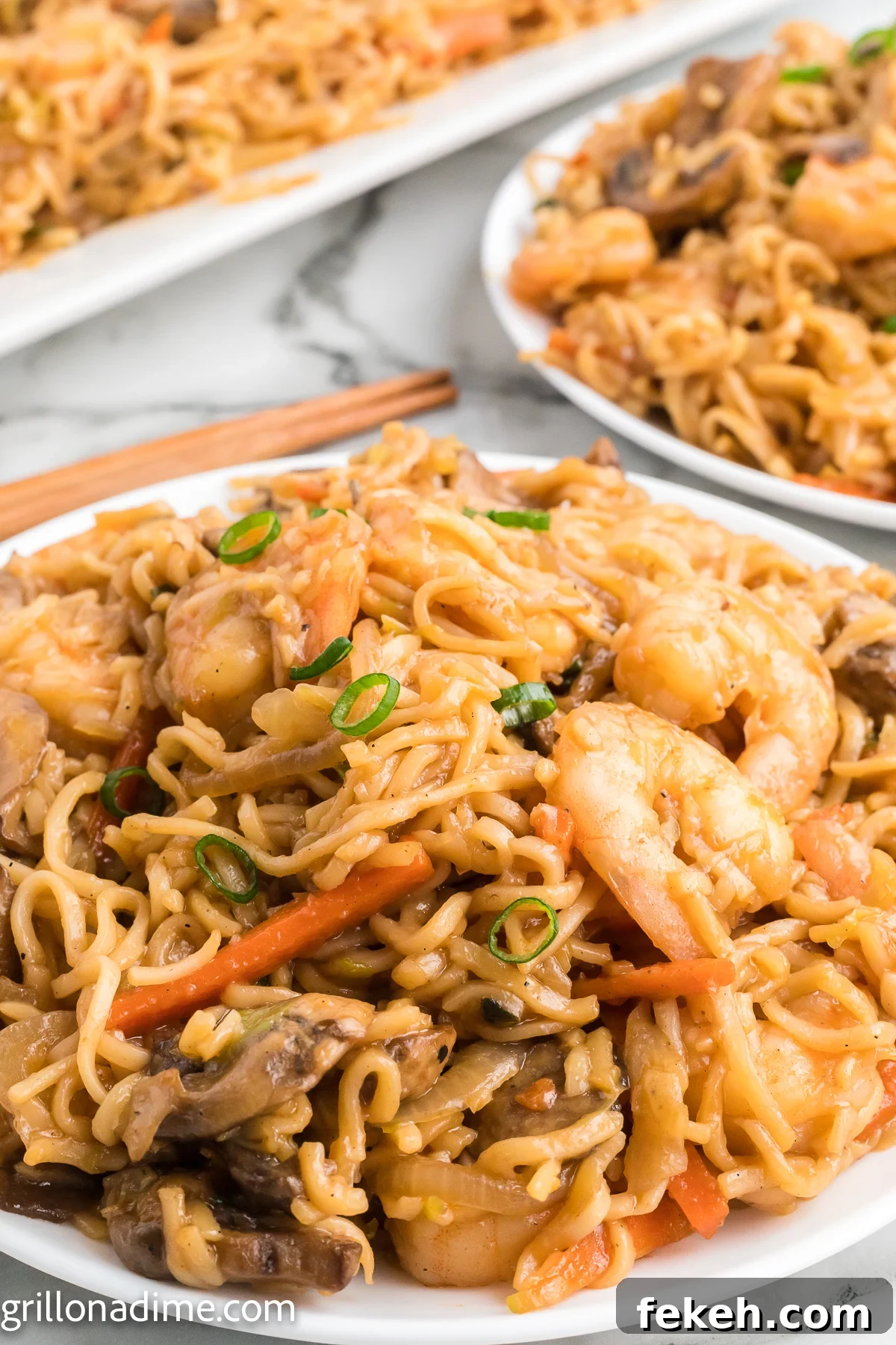 Blackstone Shrimp Yakisoba Recipe — Quick Griddle Noodle Stir-Fry 8 Shrimp Yakisoba on a plate with chopsticks