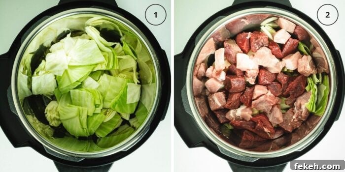 Two photos of instant pot with cabbage layer and then with meat layer.
