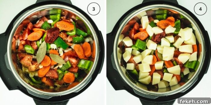 Two photos of instant pot with layer of vegetables and seasoning and then a potato layer