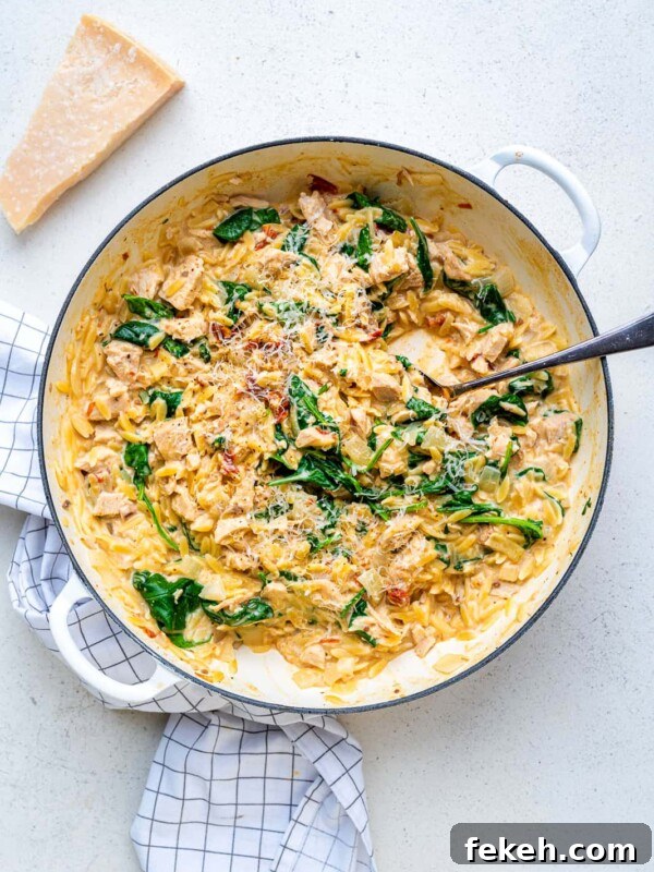 Leftover Turkey Curry Recipe for a Flavorful Dinner 12 A white skillet filled with creamy One-Pot Tuscan Orzo, spinach, and sun-dried tomatoes, topped with grated cheese.