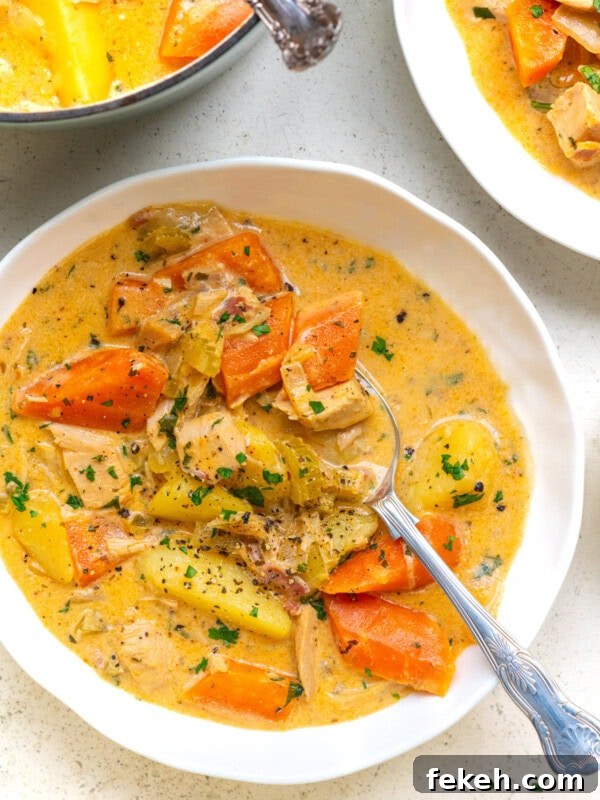 Leftover Turkey Curry Recipe for a Flavorful Dinner 13 serving of leftover turkey stew with potatoes, carrots, celery and bacon