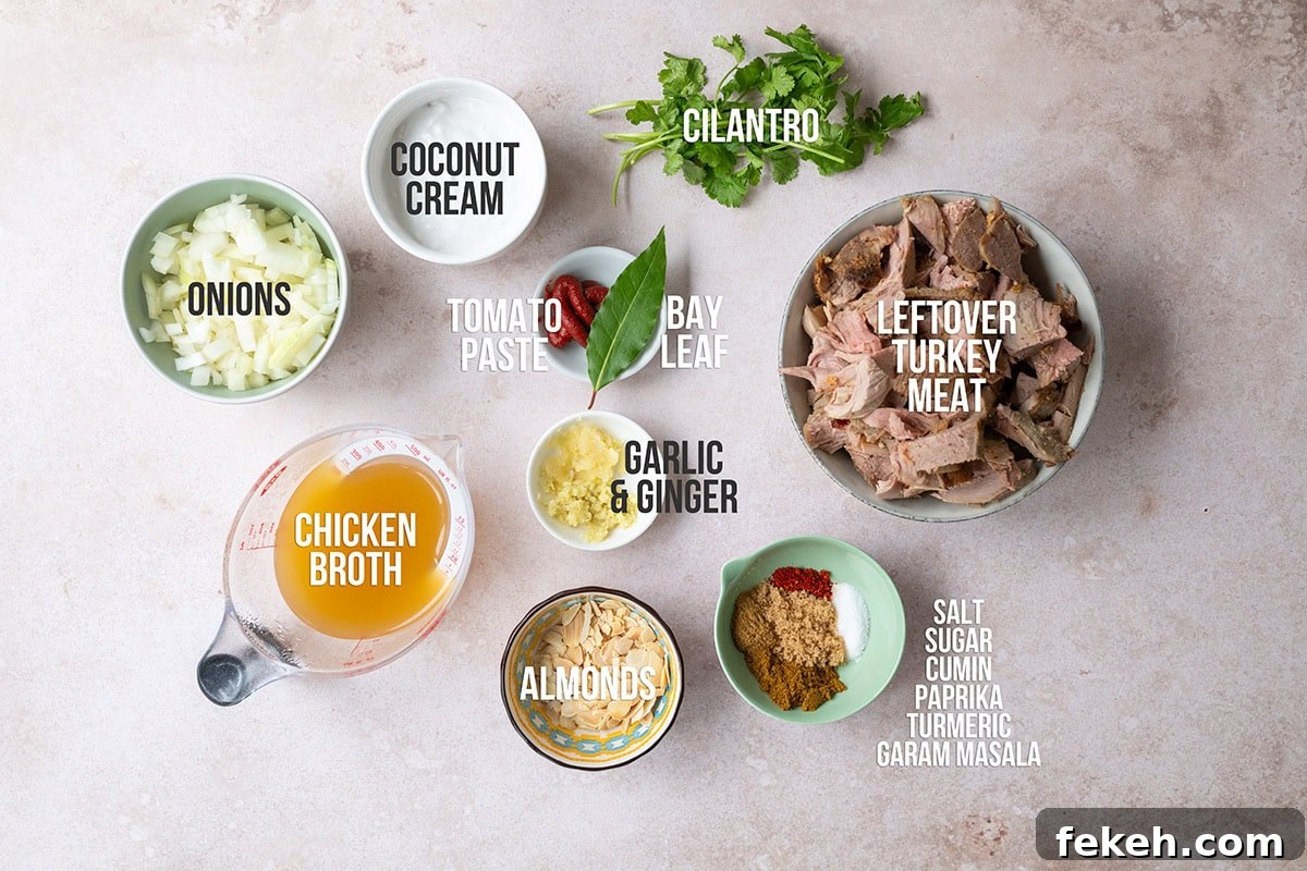 Leftover Turkey Curry Recipe for a Flavorful Dinner 4 turkey curry ingredients, labelled