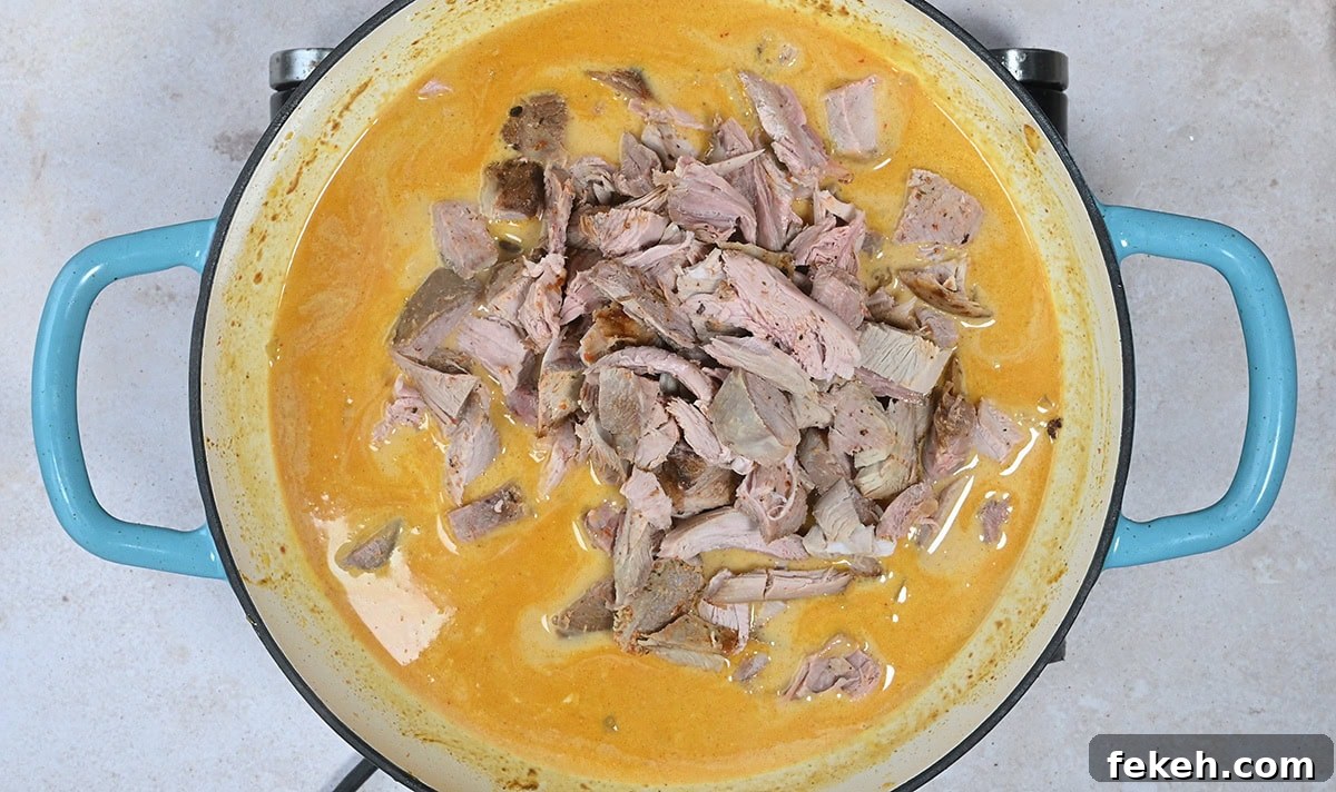 Leftover Turkey Curry Recipe for a Flavorful Dinner 7 adding cooked turkey meat in curry sauce