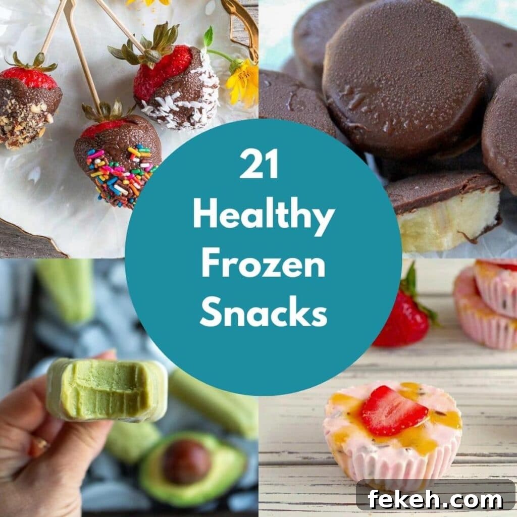 collage of 4 photos of healthy frozen snacks with text in the middle