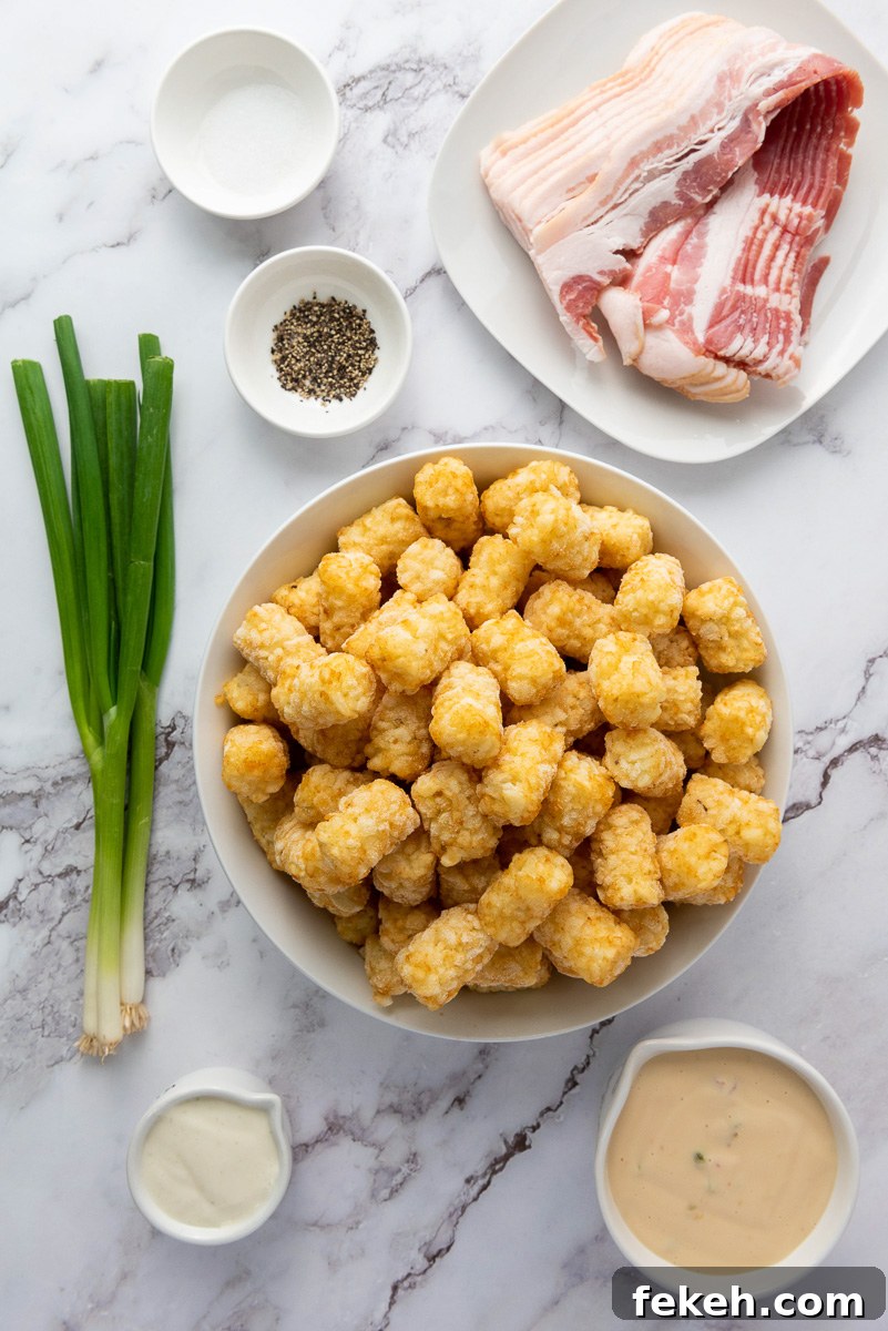 Cheesy Bacon Loaded Tater Tot Nachos (Totchos) 4 Ingredients for loaded tater tots in small bowls on kitchen counter.