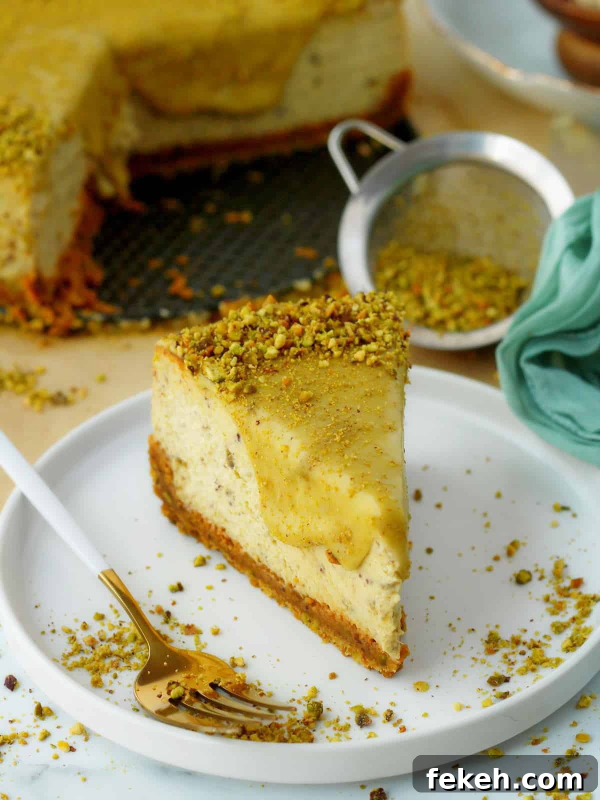 Creamy Pistachio Cheesecake with Real Pistachios and Homemade Paste 2 Slice of pistachio cheesecake on white plate, with white fork and whole cheesecake behind it.