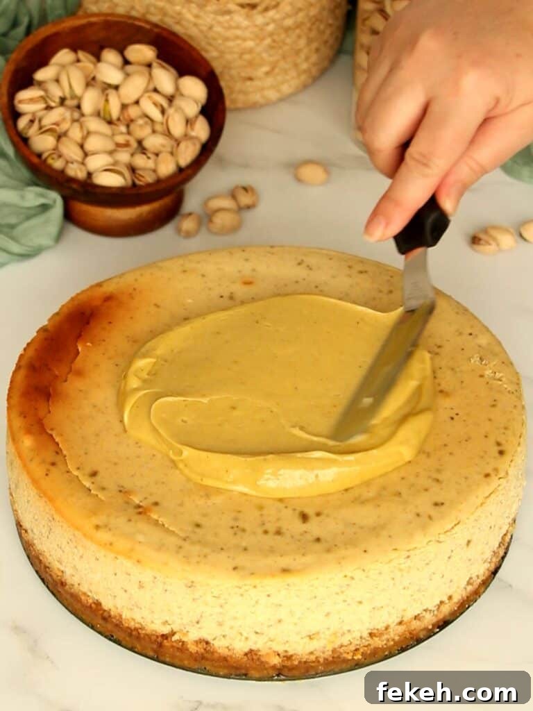 Creamy Pistachio Cheesecake with Real Pistachios and Homemade Paste 16 Spreading pistachio paste over cheesecake