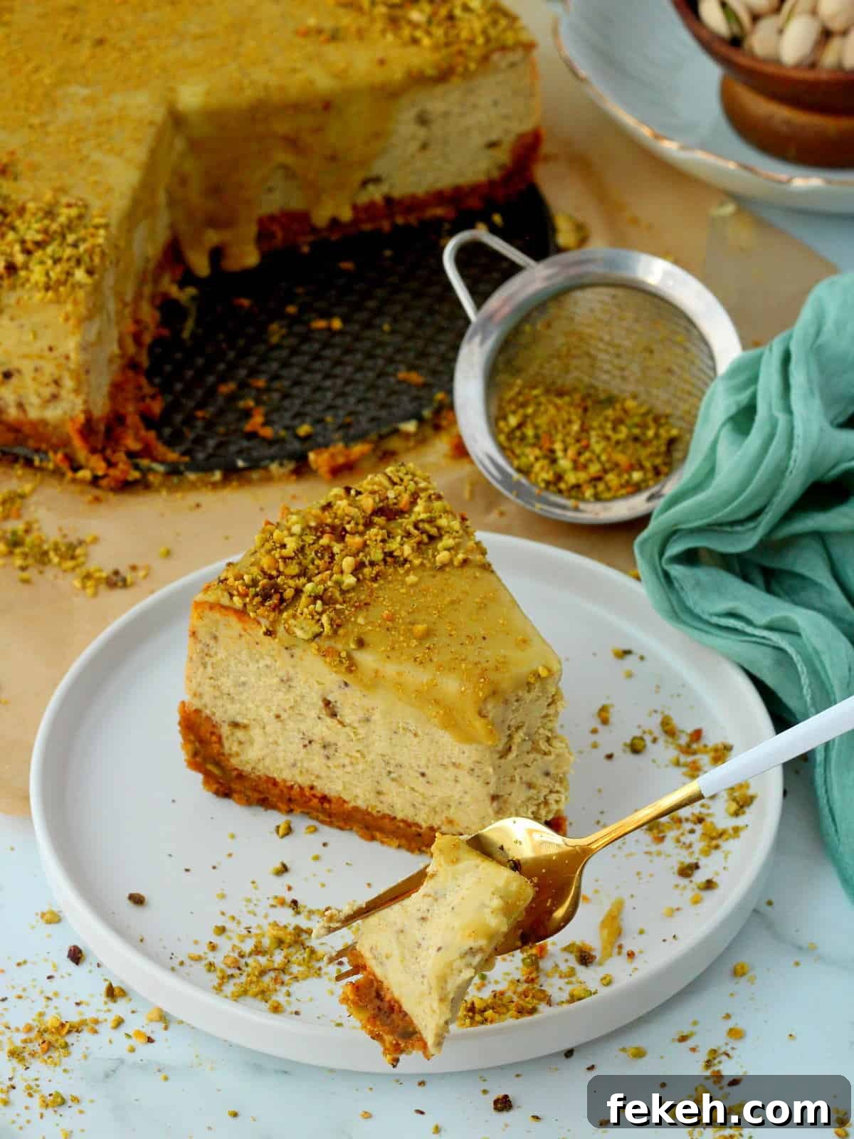 Creamy Pistachio Cheesecake with Real Pistachios and Homemade Paste 18 Slice of pistachio cheesecake on white plate. White fork is digging into the first bite.