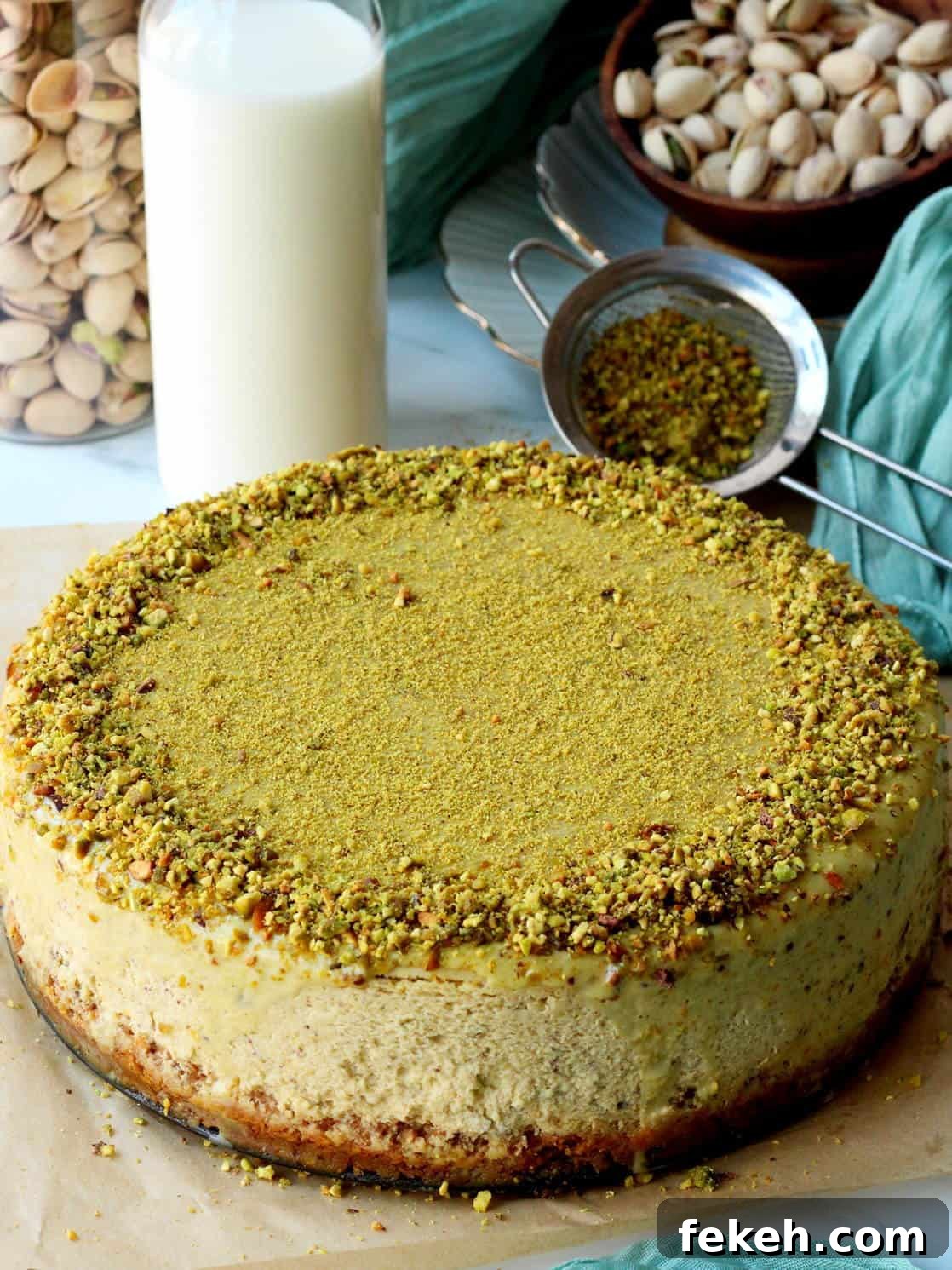 Creamy Pistachio Cheesecake with Real Pistachios and Homemade Paste 19 Pistachio cheesecake on parchment paper, with jar of milk behind it. Jar of pistachios and green napkin in the background.