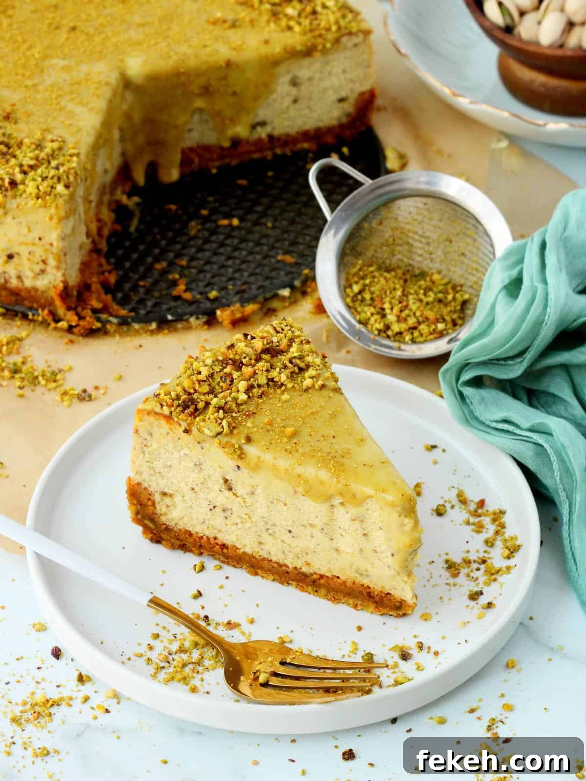 Creamy Pistachio Cheesecake with Real Pistachios and Homemade Paste 4 Slice of pistachio cheesecake on white plate, with whole pistachio cheesecake behind it. Green napkin on the right side.