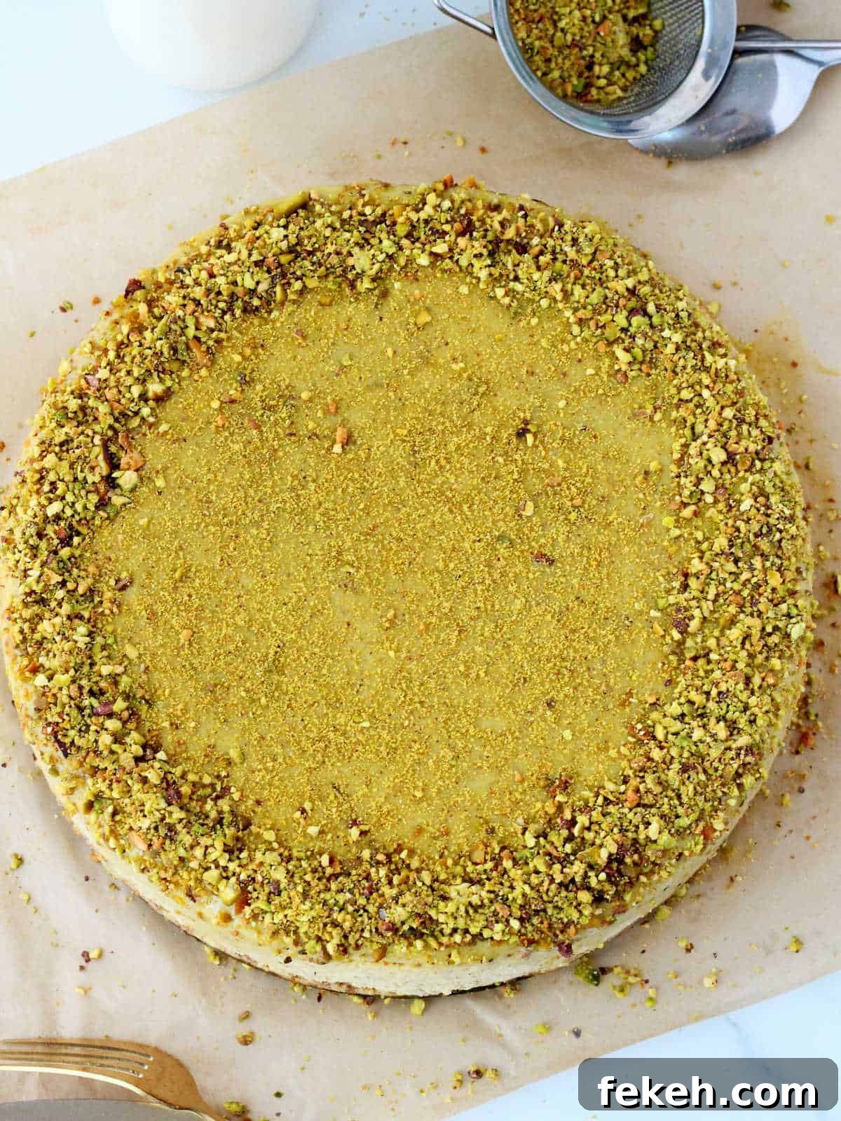 Creamy Pistachio Cheesecake with Real Pistachios and Homemade Paste 5 Pistachio cheesecake from the top.