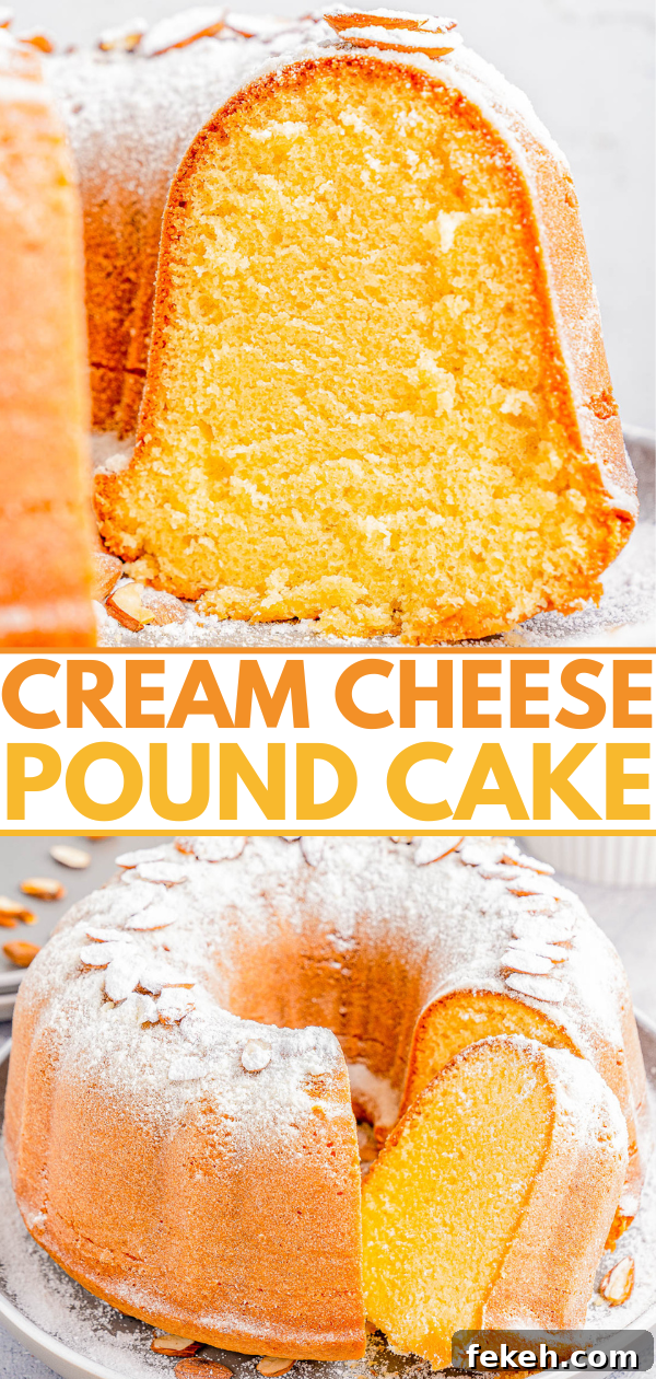 Classic Cream Cheese Pound Cake Recipe for Moist, Tender Slices 16 Close-up of a sliced cream cheese pound cake topped with powdered sugar, showing its dense, moist texture.