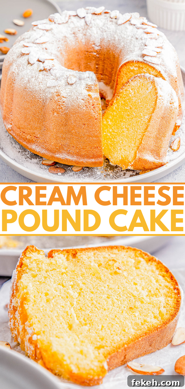 Classic Cream Cheese Pound Cake Recipe for Moist, Tender Slices 17 A cream cheese pound cake is displayed, dusted with powdered sugar and topped with almond slices. A slice is cut out, revealing a moist, yellow interior.