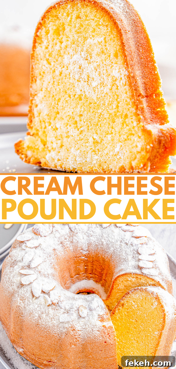 Classic Cream Cheese Pound Cake Recipe for Moist, Tender Slices 18 Two views of a cream cheese pound cake dusted with powdered sugar; a close-up of the cut slice and a full cake with a slice removed.