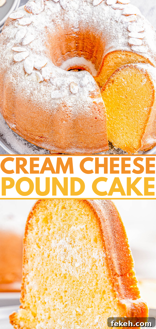 Classic Cream Cheese Pound Cake Recipe for Moist, Tender Slices 19 Cream cheese pound cake topped with powdered sugar and sliced almonds, with a cut revealing its interior texture.