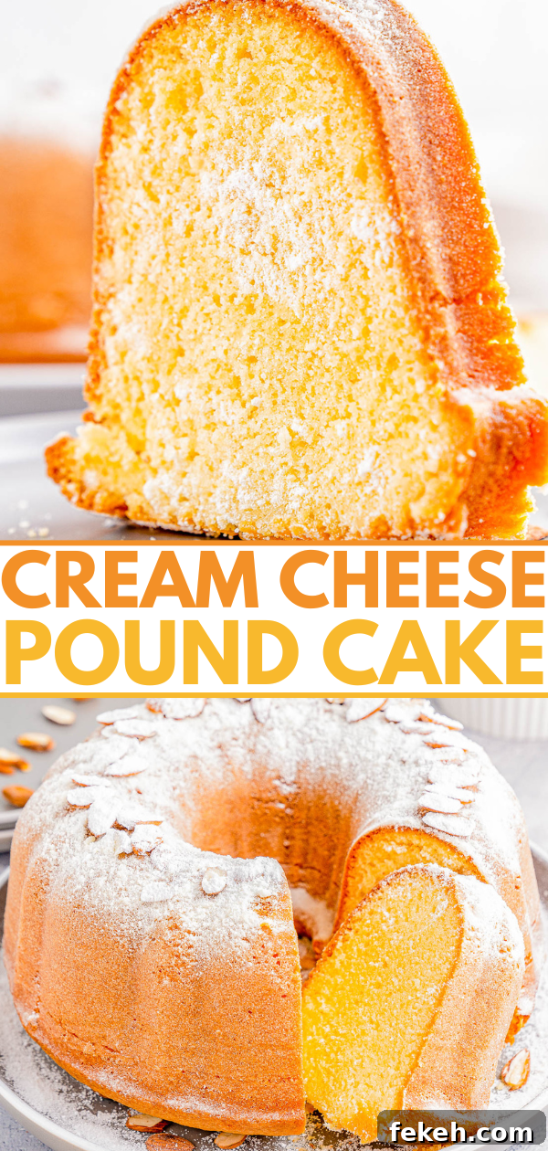 Classic Cream Cheese Pound Cake Recipe for Moist, Tender Slices 20 A sliced cream cheese pound cake on a plate, dusted with powdered sugar, showcasing its golden, moist texture.