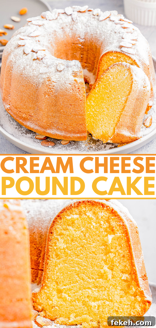Classic Cream Cheese Pound Cake Recipe for Moist, Tender Slices 21 A cream cheese pound cake with a slice cut out, topped with powdered sugar and almonds, on a plate.