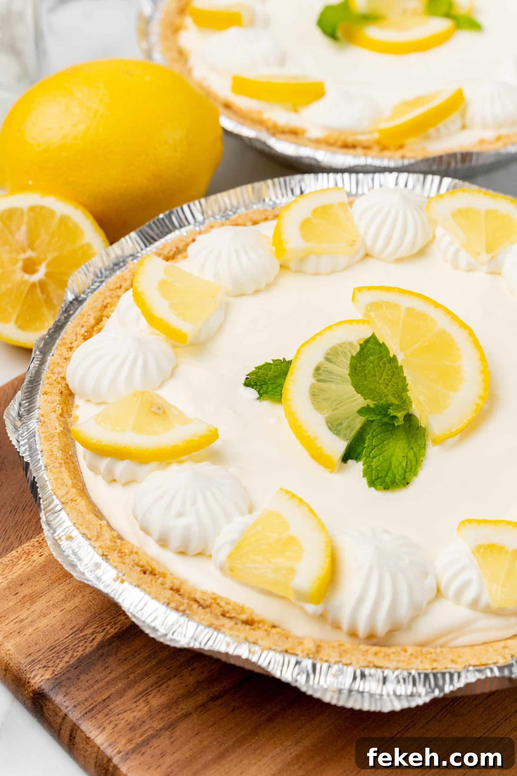 No-Bake Lemonade Cream Pie Recipe: Refreshing Summer Dessert 2 no bake lemonade pie on a wooden cutting board