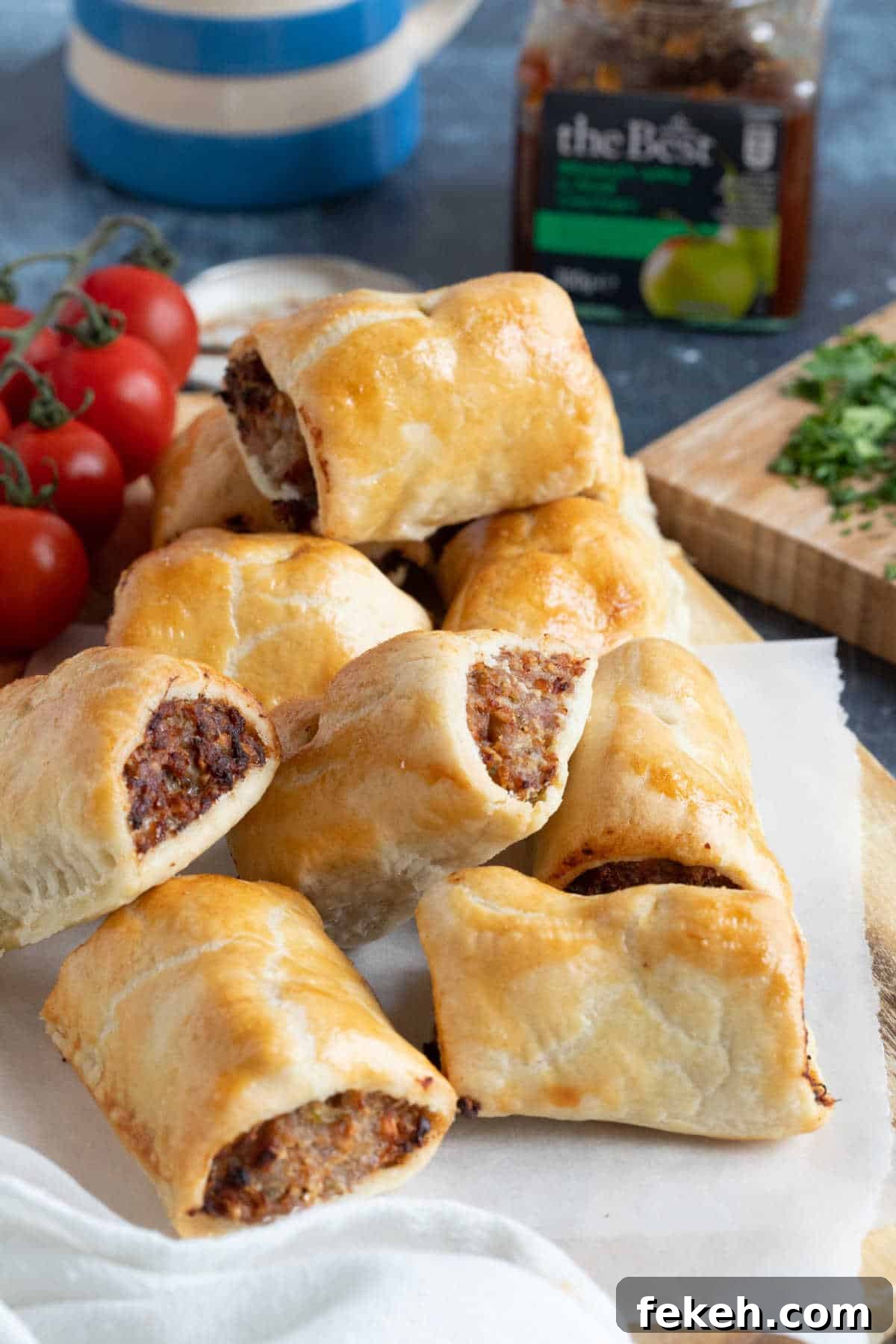Quick Shortcrust Sausage Rolls Recipe for Crispy Flaky Pastry 2 Shortcrust pastry sausage rolls on a wooden board.