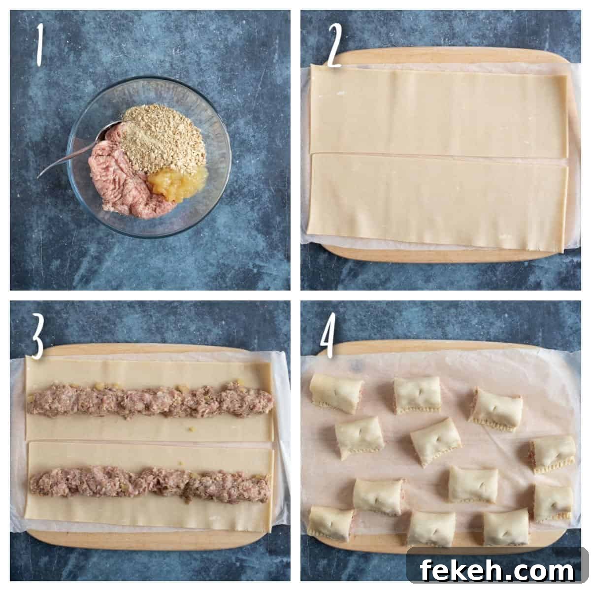 Quick Shortcrust Sausage Rolls Recipe for Crispy Flaky Pastry 4 Step by step photo instructions for assembling the sausage rolls.