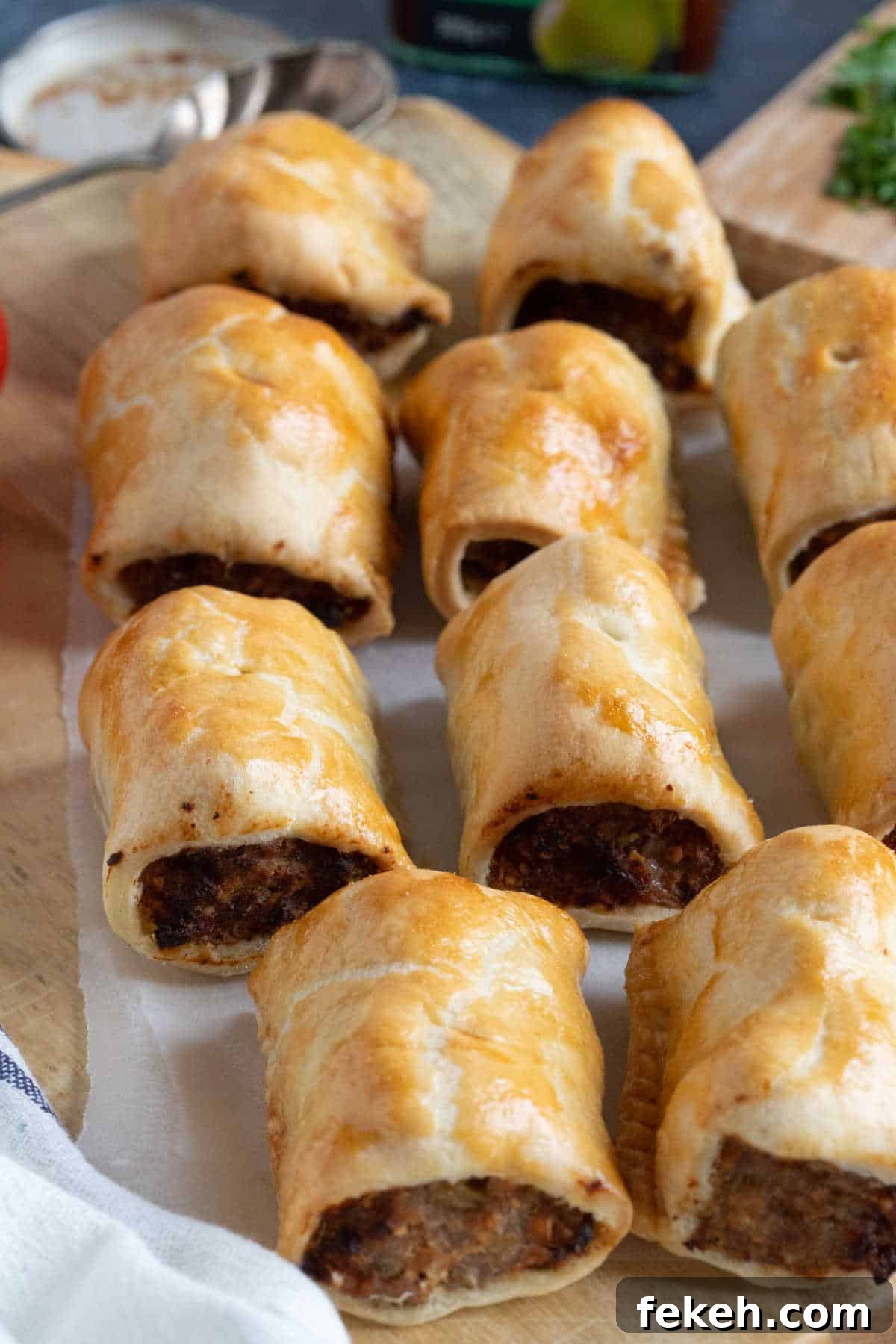 Quick Shortcrust Sausage Rolls Recipe for Crispy Flaky Pastry 5 Shortcrust pastry sausage rolls on a wooden board.