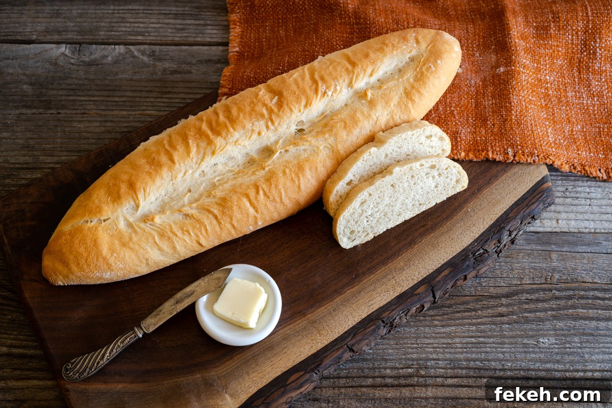 Authentic Cuban Bread (Pan Cubano) Recipe for Crispy Loaf 2 A cutting board with a loaf of homemade Cuban Sandwich bread sitting behind to cut slices - Hostess At Heart