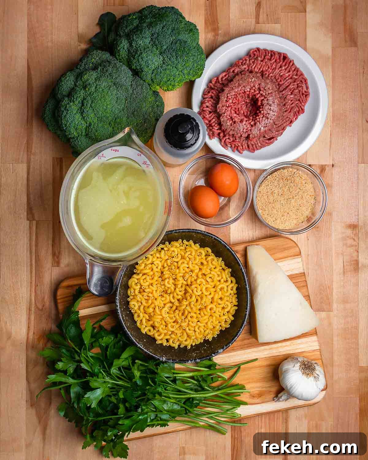 Macaroni and Broccoli with Mini Meatballs Recipe 3 Ingredients shown: broccoli, ground beef, olive oil. chicken stock, eggs, breadcrumbs, macaroni, cheese, garlic, and parsley.