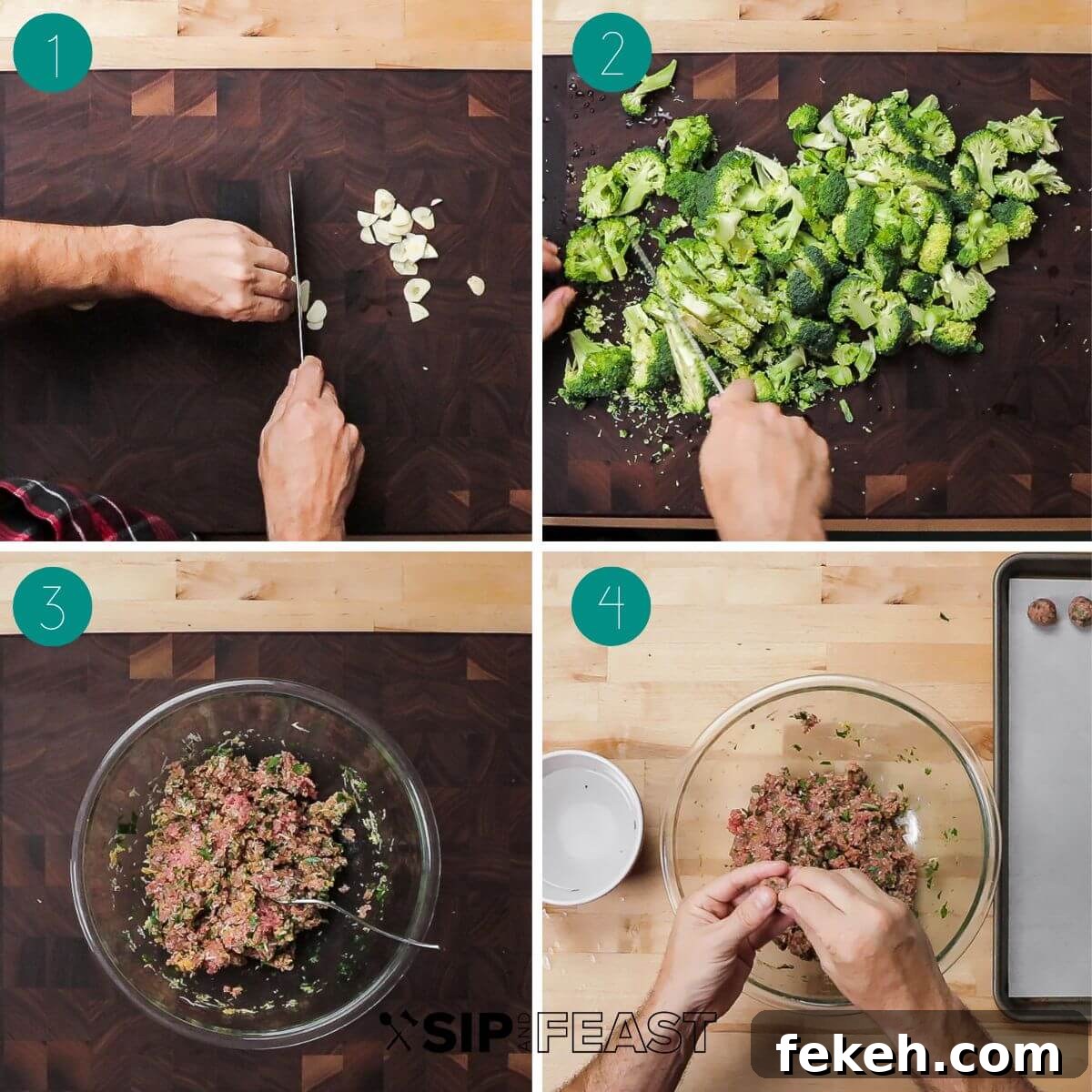 Macaroni and Broccoli with Mini Meatballs Recipe 4 Pasta broccoli with tiny meatballs recipe process shot collage group number one showing chopped garlic, broccoli, meatball mixture and hands making meatballs.