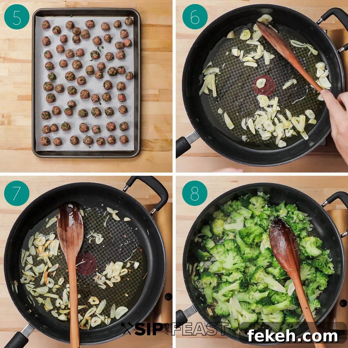 Macaroni and Broccoli with Mini Meatballs Recipe 5 Recipe process shot collage group number two showing meatballs on baking sheet, sauteed garlic in a pan and broccoli added to same pan.