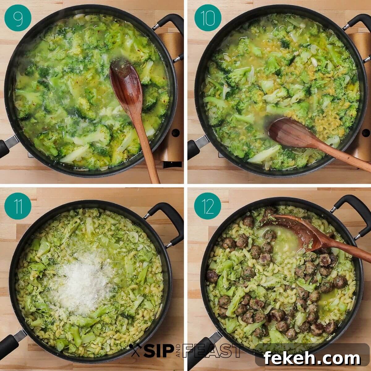 Macaroni and Broccoli with Mini Meatballs Recipe 6 Recipe process shot collage group number three showing cooked broccoli in pan, addition of macaroni to pan, addition of cheese to pan, and meatballs added.