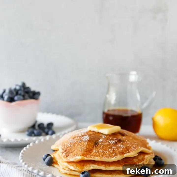 plated lemon blueberry pancakes