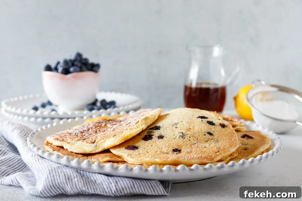 Lemon Blueberry Pancakes Recipe with Fluffy Buttermilk Stack 3 lemon blueberry pancakes on a plate with no toppings yet